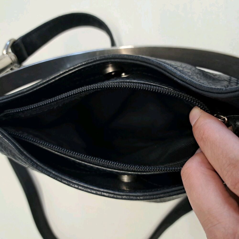 Anee Klein II Black Leather Handbag With Silver Metal  Handle And Shoulder Strap - Picture 12 of 14